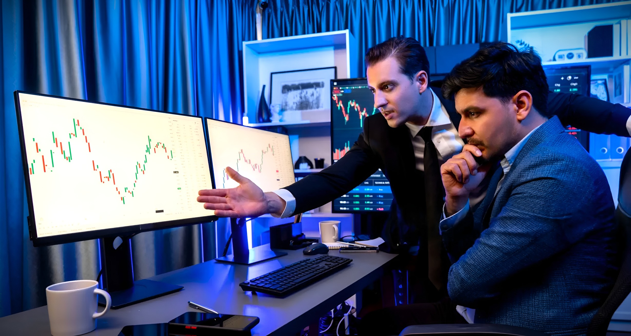 A trading desk with multiple monitors showing live market charts